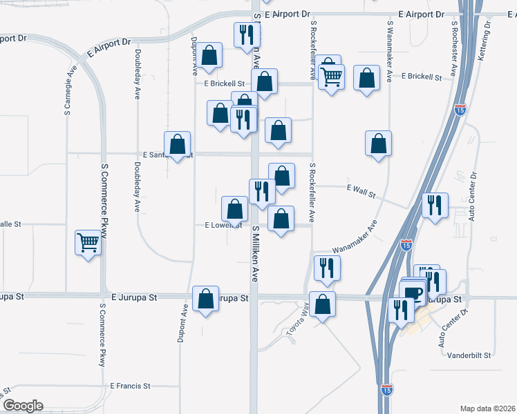 map of restaurants, bars, coffee shops, grocery stores, and more near 1119 South Milliken Avenue in Ontario