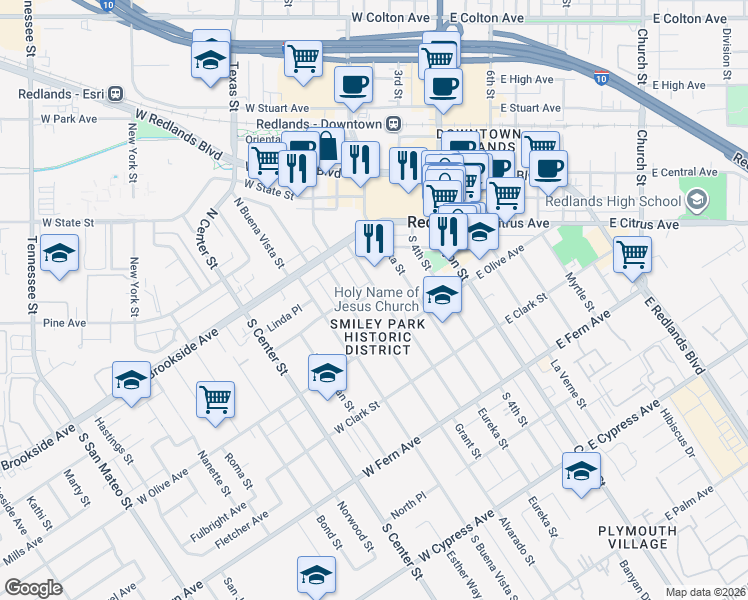 map of restaurants, bars, coffee shops, grocery stores, and more near 45 Parkwood Drive in Redlands