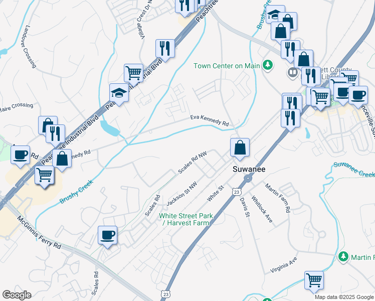map of restaurants, bars, coffee shops, grocery stores, and more near 663 Scales Road in Suwanee