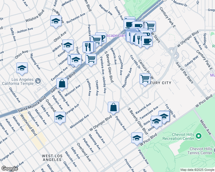 map of restaurants, bars, coffee shops, grocery stores, and more near 2004 Linnington Avenue in Los Angeles