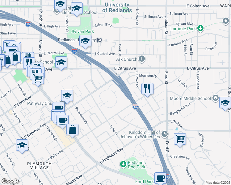 map of restaurants, bars, coffee shops, grocery stores, and more near 1024 Ardmore Circle in Redlands