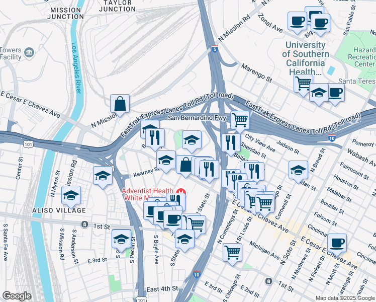 map of restaurants, bars, coffee shops, grocery stores, and more near 605 North Boyle Avenue in Los Angeles