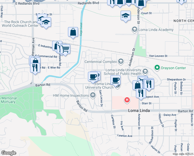 map of restaurants, bars, coffee shops, grocery stores, and more near 11052 San Juan Street in Loma Linda