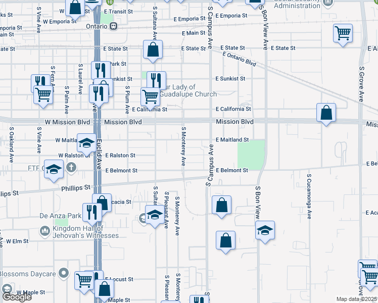 map of restaurants, bars, coffee shops, grocery stores, and more near 608 East Maitland Street in Ontario