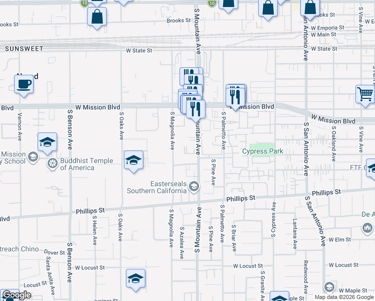 map of restaurants, bars, coffee shops, grocery stores, and more near 1010 South Mountain Avenue in Ontario