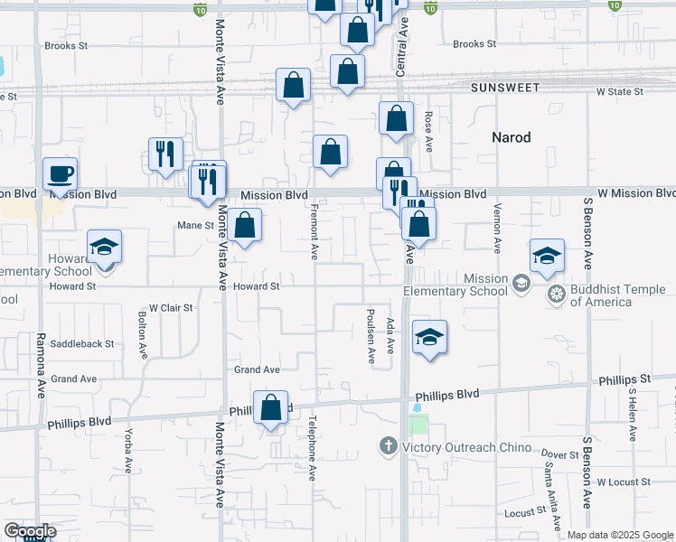 map of restaurants, bars, coffee shops, grocery stores, and more near 5131 Merle Street in Ontario