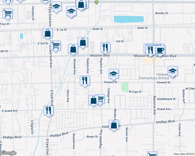 map of restaurants, bars, coffee shops, grocery stores, and more near 11055 Pipeline Avenue in Pomona
