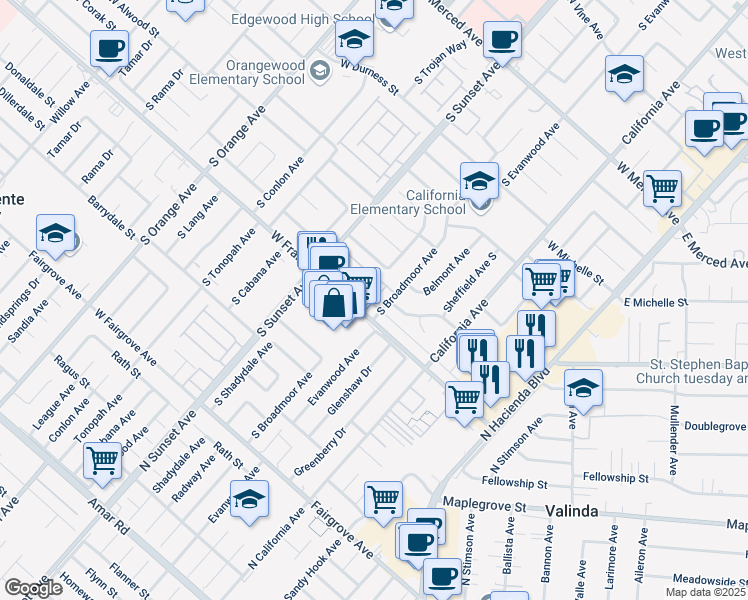 map of restaurants, bars, coffee shops, grocery stores, and more near 1639 South Broadmoor Avenue in West Covina