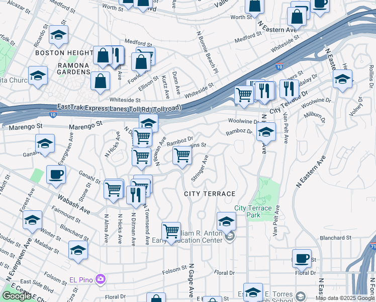 map of restaurants, bars, coffee shops, grocery stores, and more near 3732 Dwiggins Street in Los Angeles