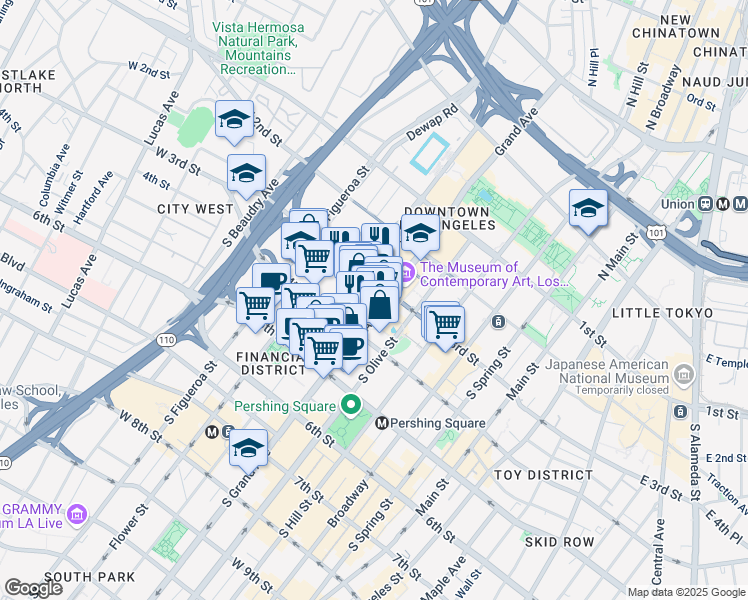 map of restaurants, bars, coffee shops, grocery stores, and more near 355 South Grand Avenue in Los Angeles