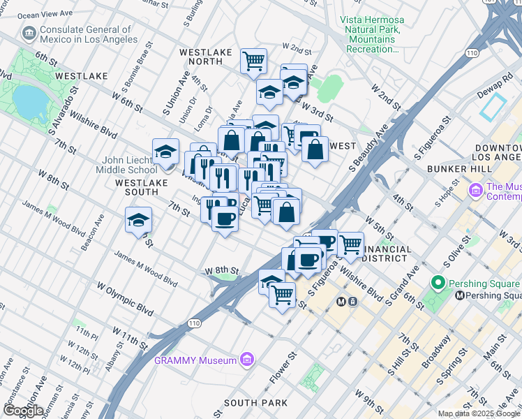 map of restaurants, bars, coffee shops, grocery stores, and more near 1145 Wilshire Boulevard in Los Angeles