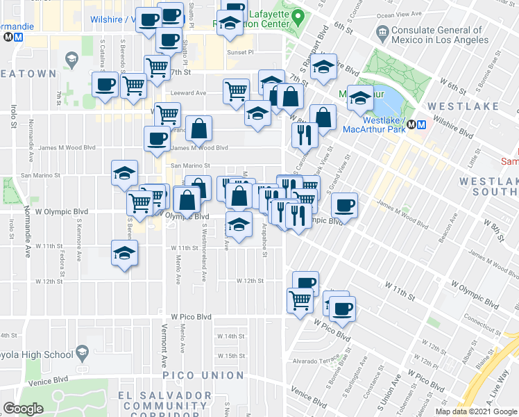 map of restaurants, bars, coffee shops, grocery stores, and more near 977 Arapahoe Street in Los Angeles