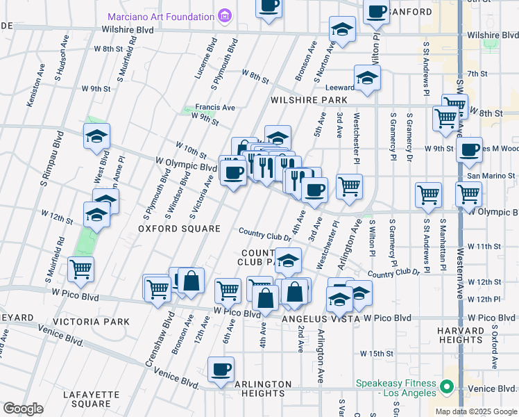 map of restaurants, bars, coffee shops, grocery stores, and more near 1035 South Norton Avenue in Los Angeles