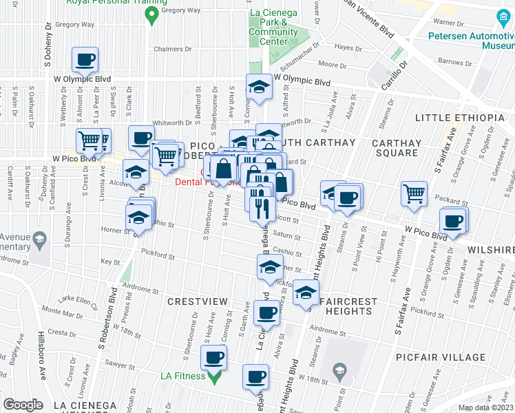 map of restaurants, bars, coffee shops, grocery stores, and more near 8523 Alcott Street in Los Angeles