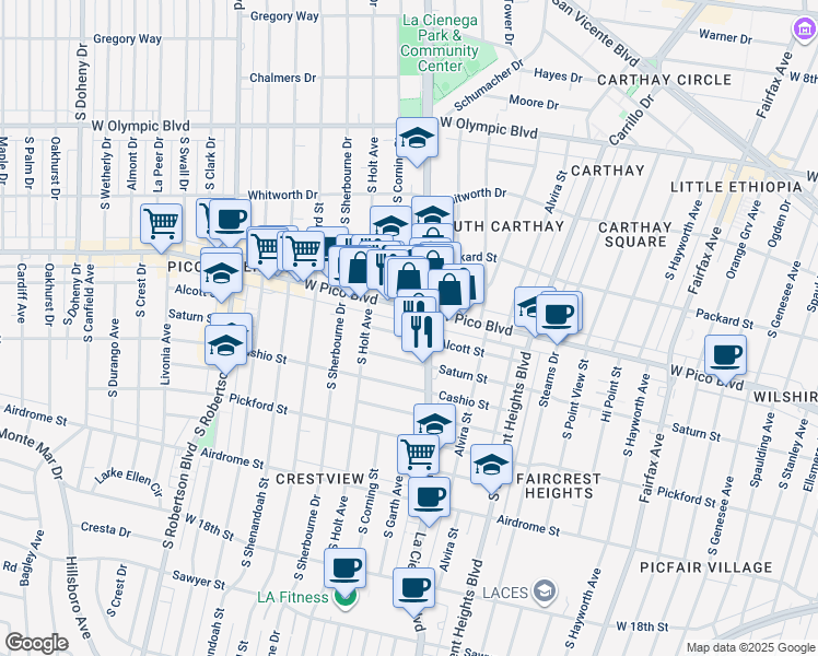 map of restaurants, bars, coffee shops, grocery stores, and more near 8523 Alcott Street in Los Angeles