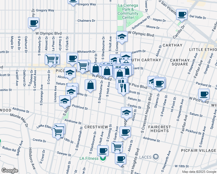 map of restaurants, bars, coffee shops, grocery stores, and more near 1423 South Holt Avenue in Los Angeles