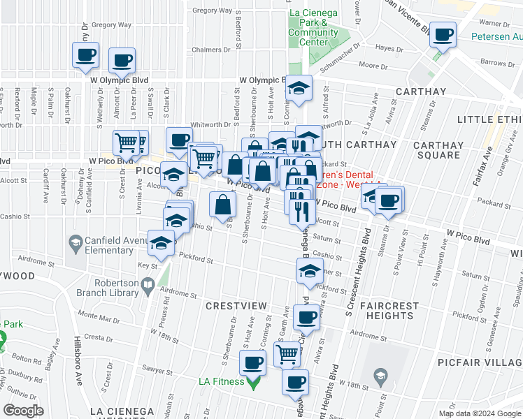 map of restaurants, bars, coffee shops, grocery stores, and more near 1423 South Holt Avenue in Los Angeles