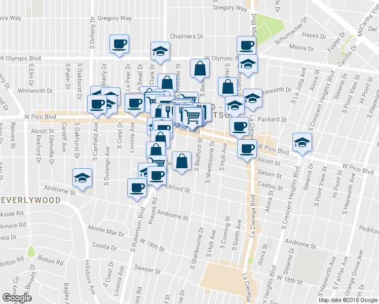 map of restaurants, bars, coffee shops, grocery stores, and more near 1442 South Shenandoah Street in Los Angeles