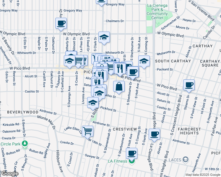 map of restaurants, bars, coffee shops, grocery stores, and more near 1455 South Wooster Street in Los Angeles