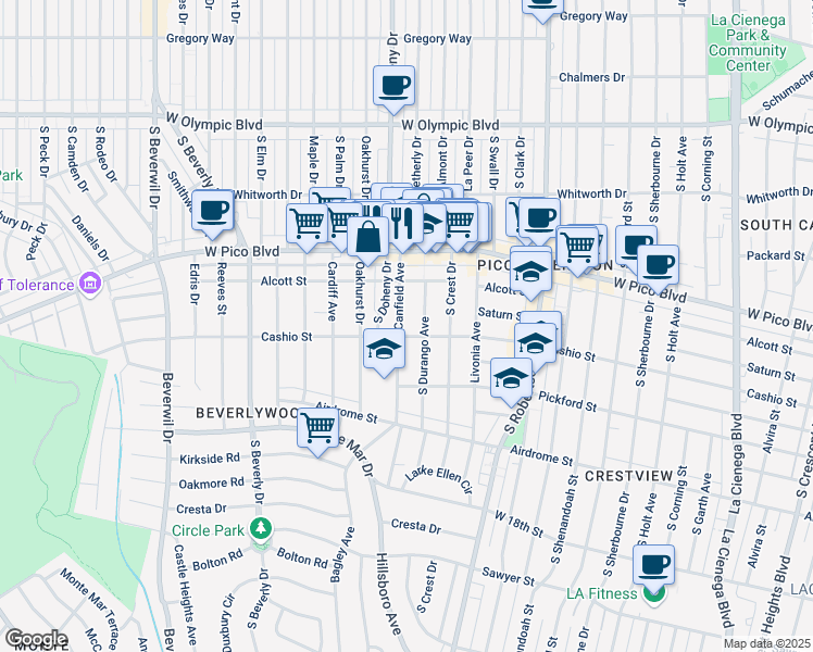 map of restaurants, bars, coffee shops, grocery stores, and more near 1474 South Canfield Avenue in Los Angeles
