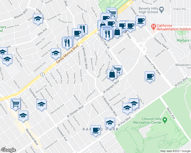 map of restaurants, bars, coffee shops, grocery stores, and more near 2024 South Beverly Glen Boulevard in Los Angeles
