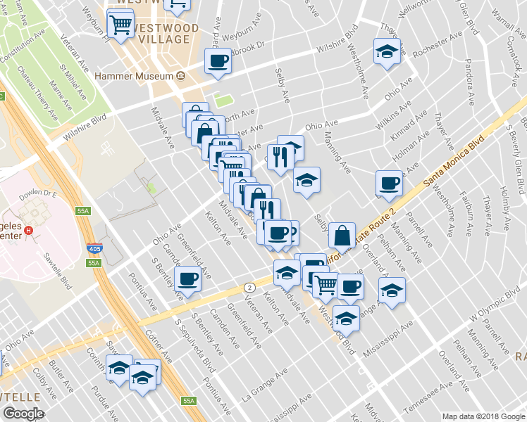 map of restaurants, bars, coffee shops, grocery stores, and more near 10838 Holman Avenue in Los Angeles