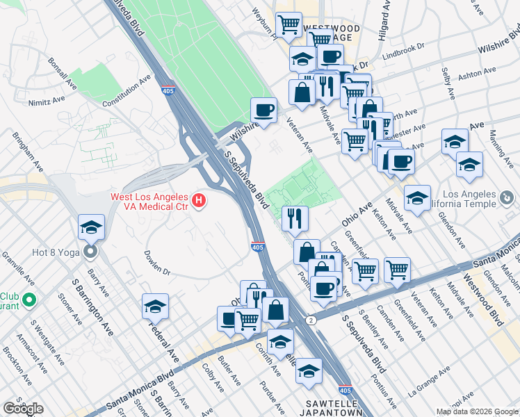 map of restaurants, bars, coffee shops, grocery stores, and more near 1351 South Sepulveda Boulevard in Los Angeles