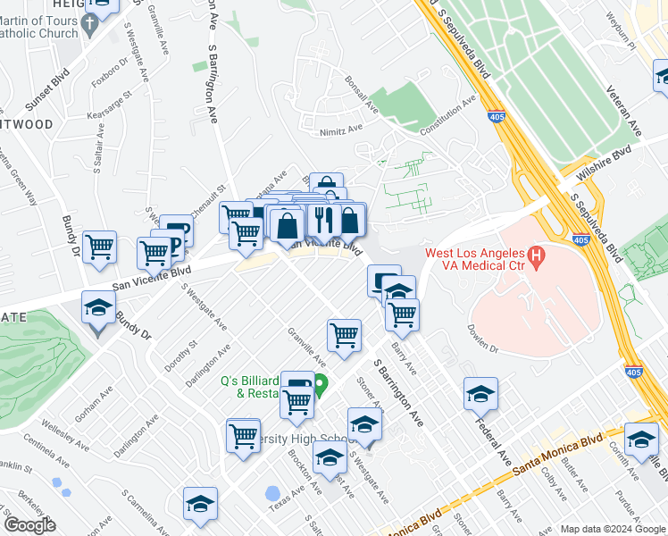 map of restaurants, bars, coffee shops, grocery stores, and more near 11627 Mayfield Avenue in Los Angeles