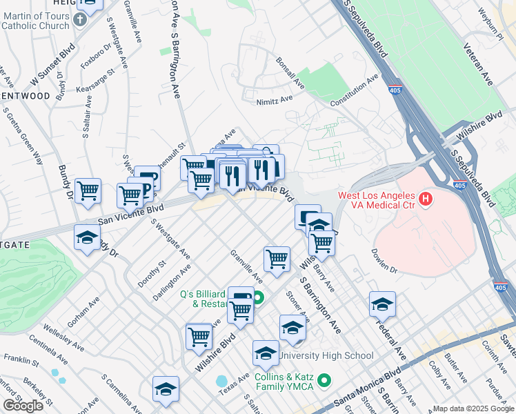 map of restaurants, bars, coffee shops, grocery stores, and more near 11681 Darlington Avenue in Los Angeles