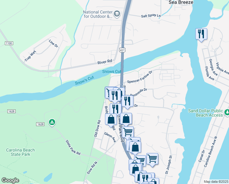 map of restaurants, bars, coffee shops, grocery stores, and more near 633 Spencer-Farlow Drive in Carolina Beach