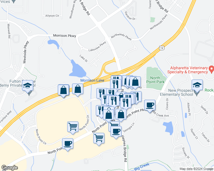 map of restaurants, bars, coffee shops, grocery stores, and more near 1950 Rock Mill Road in Alpharetta