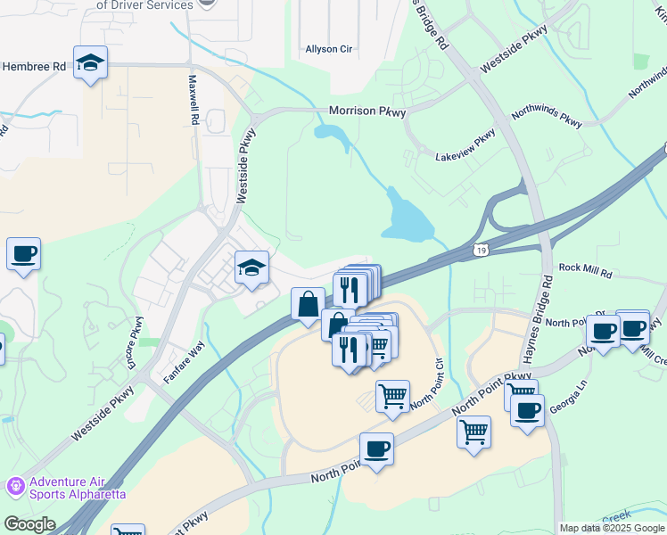 map of restaurants, bars, coffee shops, grocery stores, and more near 600 Duval Drive in Alpharetta