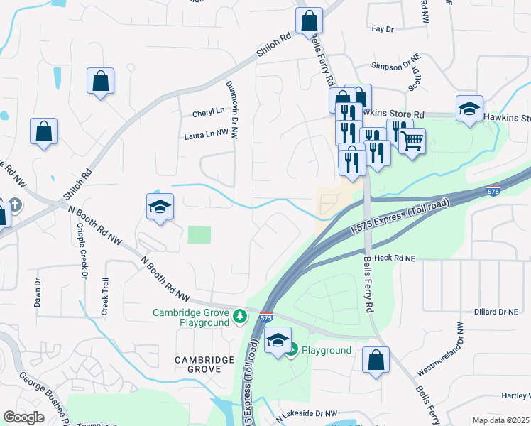 map of restaurants, bars, coffee shops, grocery stores, and more near 4065 Maxanne Drive Northwest in Kennesaw