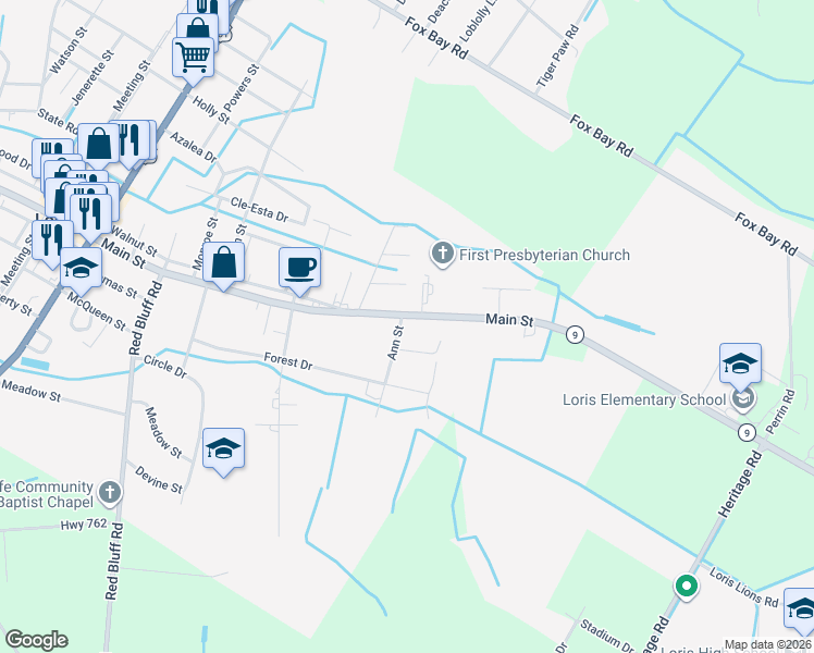 map of restaurants, bars, coffee shops, grocery stores, and more near 5416 Main Street in Loris