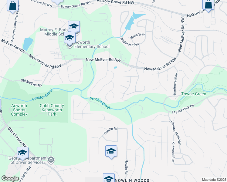map of restaurants, bars, coffee shops, grocery stores, and more near 3176 Forest Grove Trail in Acworth