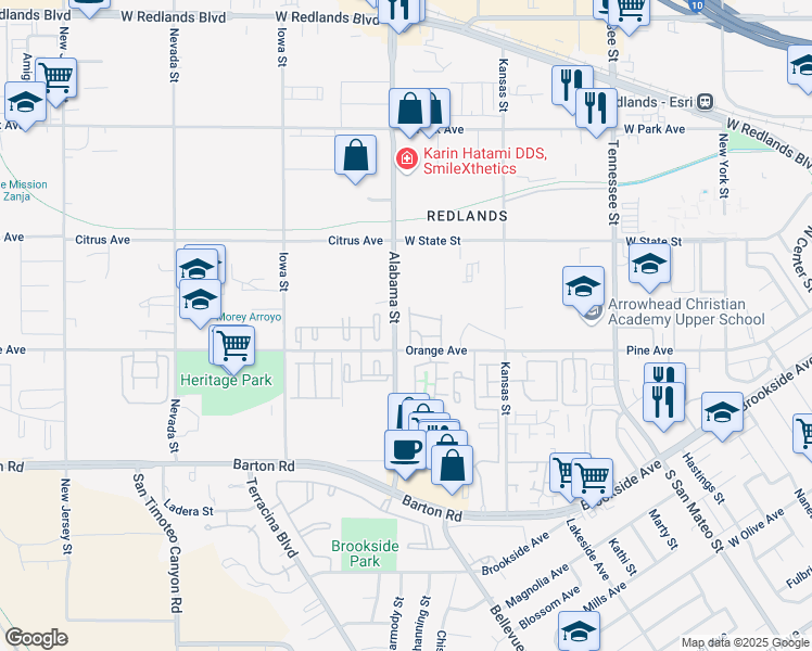 map of restaurants, bars, coffee shops, grocery stores, and more near 1510 Orange Avenue in Redlands