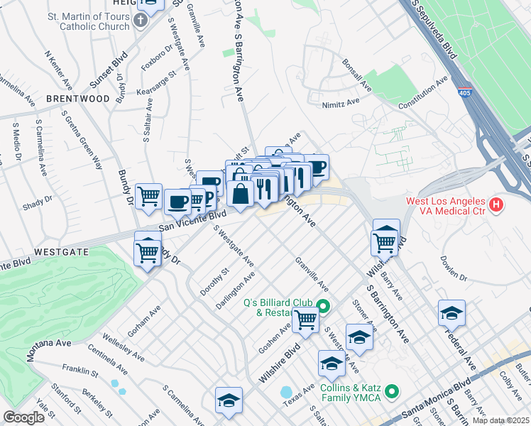 map of restaurants, bars, coffee shops, grocery stores, and more near 11740 San Vicente Boulevard in Los Angeles