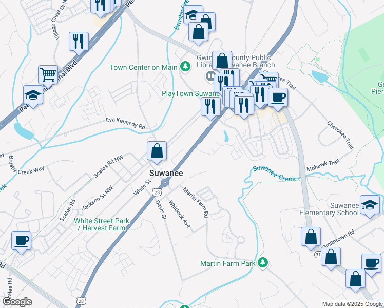 map of restaurants, bars, coffee shops, grocery stores, and more near 500 Buford Highway in Suwanee