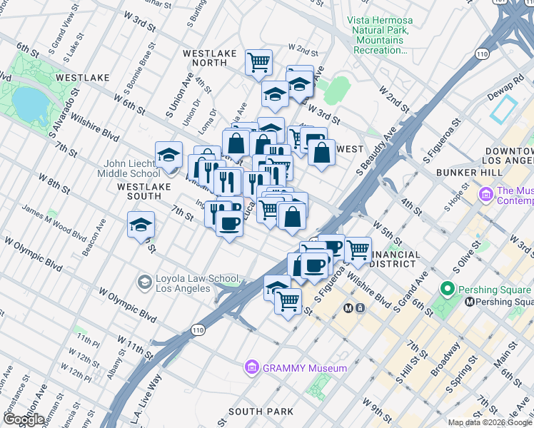 map of restaurants, bars, coffee shops, grocery stores, and more near 1111 Wilshire Boulevard in Los Angeles