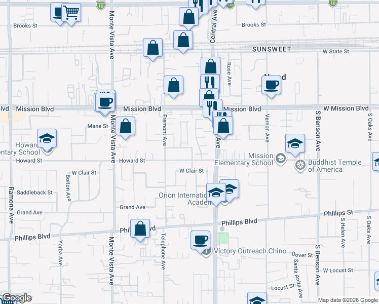 map of restaurants, bars, coffee shops, grocery stores, and more near 5191 Merle Street in Ontario
