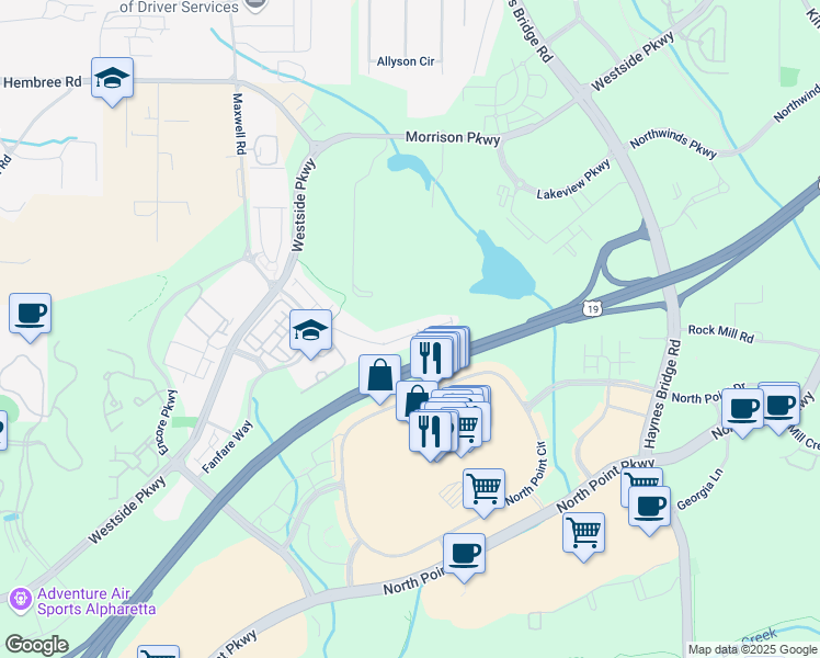 map of restaurants, bars, coffee shops, grocery stores, and more near 600 Duval Drive in Alpharetta