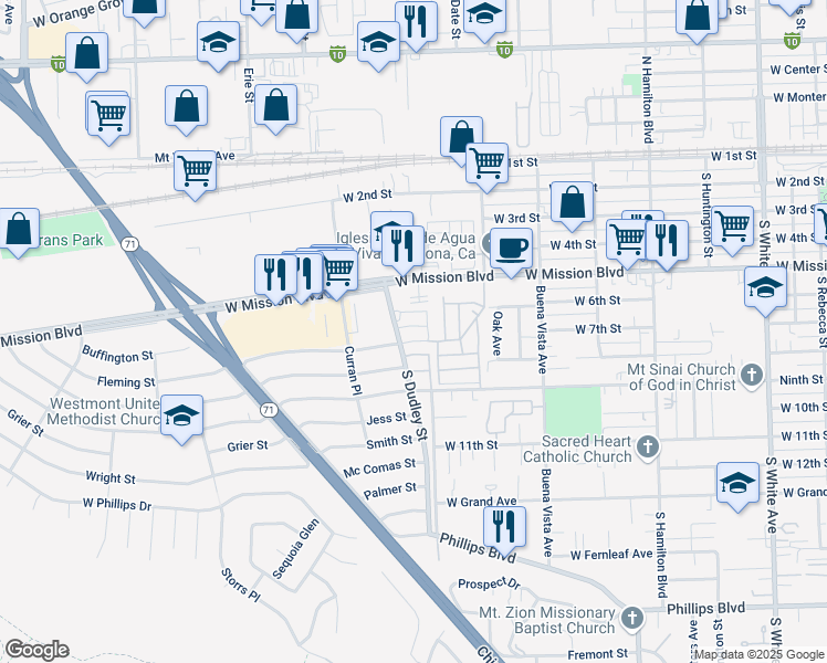 map of restaurants, bars, coffee shops, grocery stores, and more near 1495 Vejar Street in Pomona