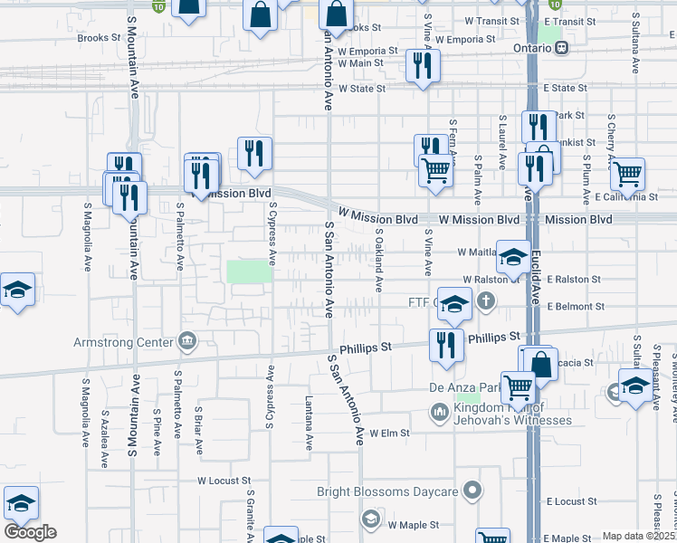 map of restaurants, bars, coffee shops, grocery stores, and more near 650 West Ralston Street in Ontario