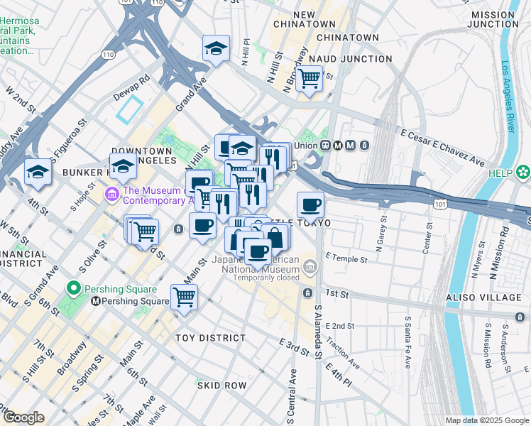 map of restaurants, bars, coffee shops, grocery stores, and more near 180 North Los Angeles Street in Los Angeles