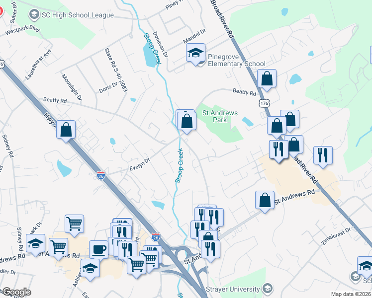 map of restaurants, bars, coffee shops, grocery stores, and more near 1004 Creekside Way in Columbia