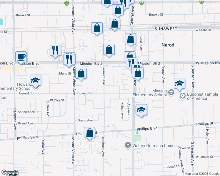 map of restaurants, bars, coffee shops, grocery stores, and more near 5131 Merle St in Ontario