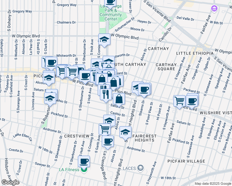 map of restaurants, bars, coffee shops, grocery stores, and more near in Los Angeles