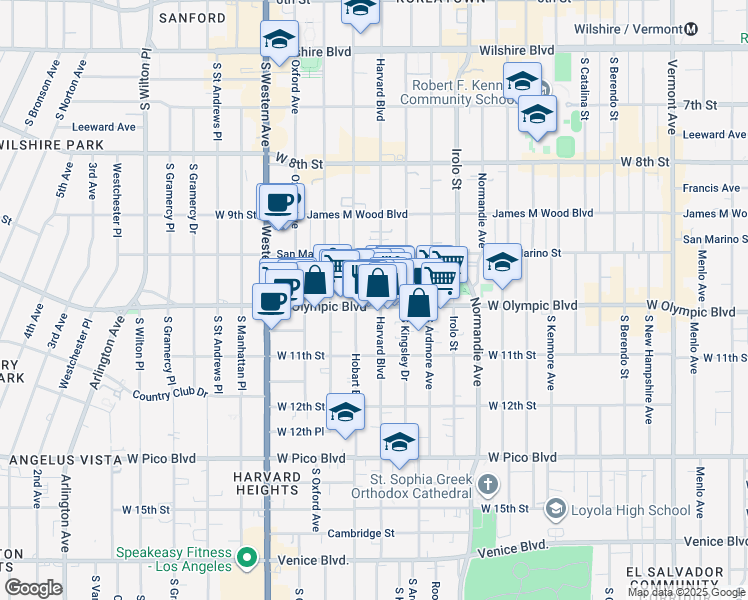 map of restaurants, bars, coffee shops, grocery stores, and more near 980 South Hobart Boulevard in Los Angeles