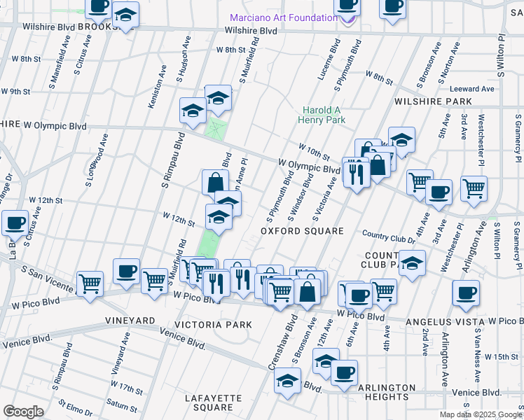 map of restaurants, bars, coffee shops, grocery stores, and more near 1136 South Lucerne Boulevard in Los Angeles