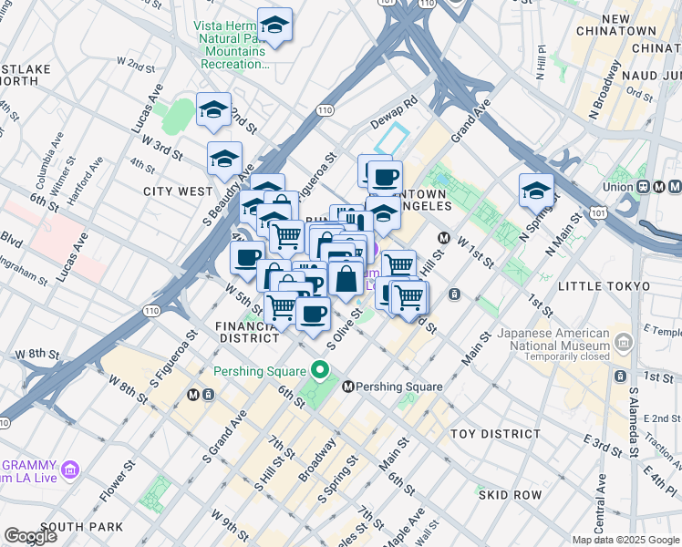 map of restaurants, bars, coffee shops, grocery stores, and more near 333 South Grand Avenue in Los Angeles
